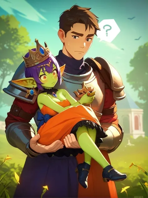 score_9, score_8_up, score_7_up, best quality, masterpiece, 4k, uncensored, prefect lighting, rating_safe, source_cartoon 1boy 1girl (noble human knight in full armor:1.1) carrying princess carry (confused monster girl goblin girl in dress:1.1)
<lora:SDXL DET dpo_lora_v1:1>