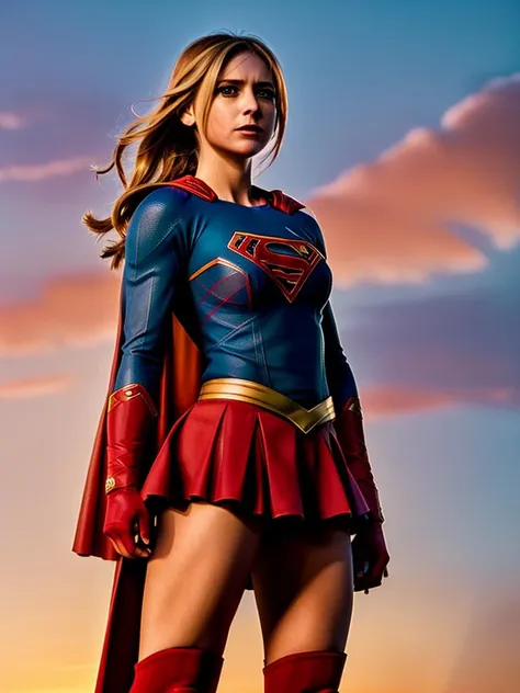 ((realism)), extremely high quality RAW photograph, detailed background, intricate, Exquisite details and textures, highly detailed, Photo of (SarahMG) wearing (((Supergirl cosplay))), (red miniskirt), red boots, (((flying in the sky:1.3))), ultra detailed photograph, warm lighting, artstation, 4k, sharp focus, high resolution, detailed skin, detailed eyes, 8k uhd, dslr, low harsh lighting, high quality, film grain, Fujifilm XT3,