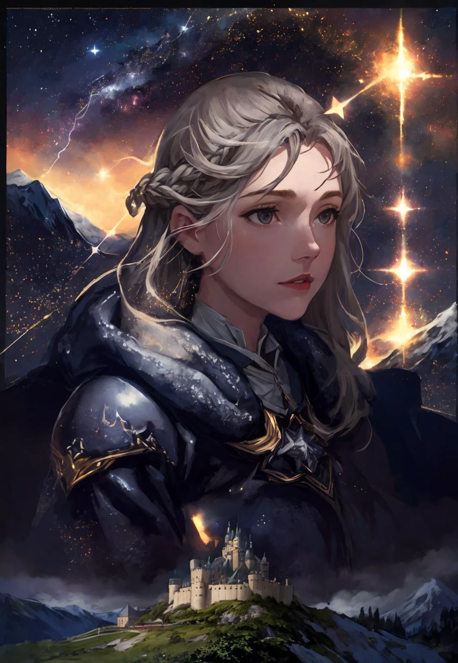 1 girl, mountain, starry sky, close-up, grey border, long hair, castle, hair strand, <lora:SemiReaslisticPaint-000004:.8>