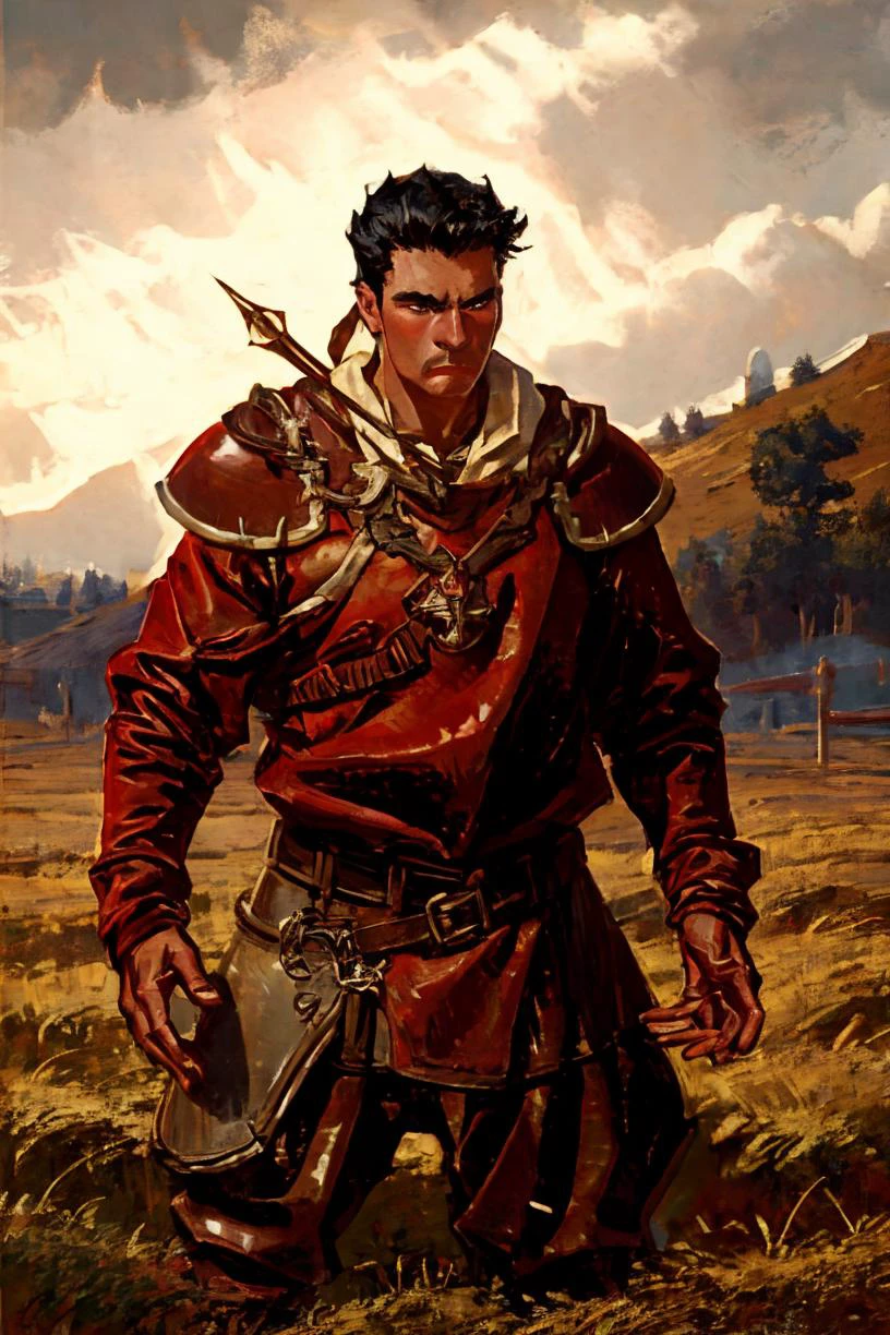 a warrior, black hair, armor <lora:SemiReaslisticPaint-000004:1>, medieval field on the background