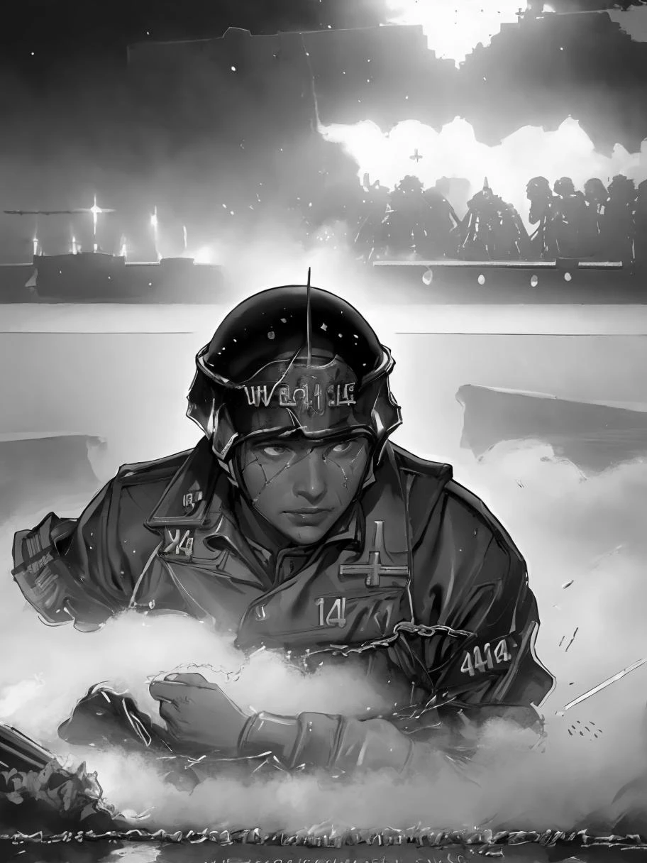 (1944 year World War II chronicle Normandy landings:1.8), dark black oil theme, dark noir style, Greg Rutkowski, (scene from movie saving private ryan:1.4), Soldiers run along the Omaha beach, rock fortification and dots, USA flag, black smoke and fog, liquid black oil splash and droplets, dynamic action motion capture, colorful, luminism, bioluminescence, studio lighting, hyper detailed, (masterpiece, best quality:1.4), ray tracing reflection, sharp focus, shallow depth of field detailed background, (ultra realistic:1.2), <lora:SemiReaslisticPaint-000004:.8>