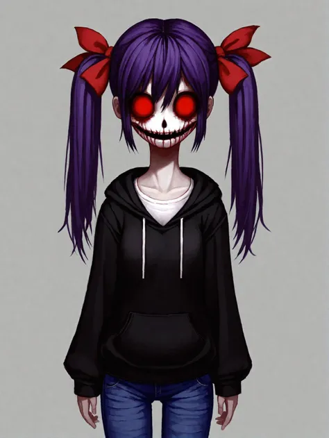 nightmare, dreamscape, horrifying, <lora:AngXL:1> AngXL, a young girl with purple hair, pigtails, hair ribbons, red eyes, score_9_up, score_8_up, <lora:flat_chested_v4:0.4> flatchested, creepypasta, killer, hoodie, jeans <lora:Dall-e_3_0.3-v2:1>