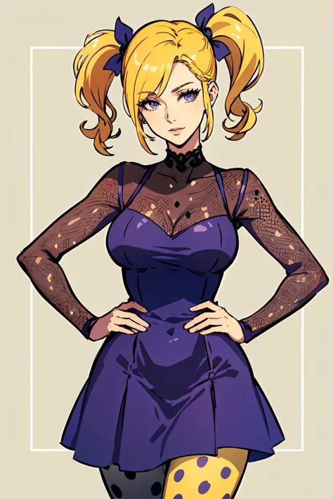<lora:AngOne512v1:0.35> AngOne, blonde hair, pigtails, purple dress, orange sleeves, cowboy shot, polka dot pantyhose, polka dot legwear, <lora:age_slider_v2:3>, ultra detailed, masterpiece, best quality, aesthetic, detailed,