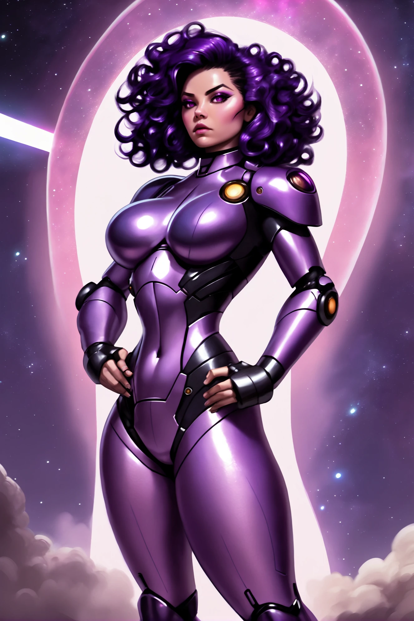 digital painting, 1girl, woman, scifi, rocketpunk, star empress, full body, wearing skin-tight cosmic violet power armor, bombshell hair, muted black hair, Blowout Curls, thicc hourglass figure, small breasts, japanese