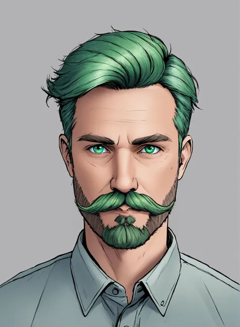 solo, looking at viewer, short hair, blue eyes, simple background, shirt, 1boy, male focus, green hair, grey background, facial hair, portrait, beard, mustache, CANON EOS MARK IV, semi realistic, close up, 4 point perspective, vantage point, LUT like a movie