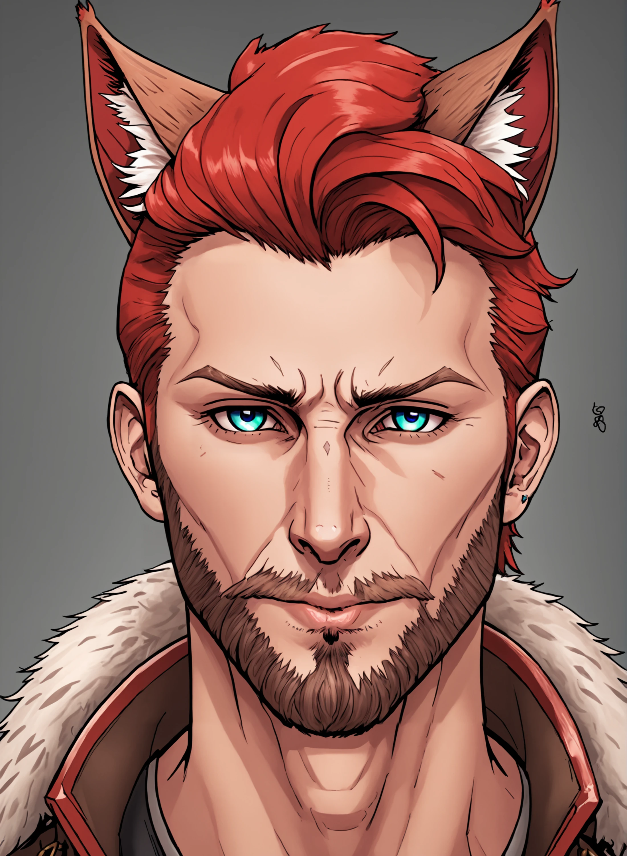 (masterpiece, best quality, ultra-detailed, highres, best illustration), perfect face, ((solo, solo focus)), sidelighting, lustrous skin, (bloom), (shine), ray tracing, Miqo'te, Odin Nathaniel Ellis, celtic osenayan catboy, norse heritage, age mid 30s, tattoos, mid length hair, undercut, red hair, american gods style, attractive male, cat ears, animal ears, animal ear fluff, short beard american, stubble, slender, slightly nerdy, very dad like, art by ed benes, CANON EOS MARK IV, semi realistic, close up, 4 point perspective, vantage point, LUT like a movie