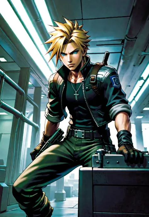 1boy, male focus,  Cloud Strife from Final Fantasy 7, FBI headquarters, indoors,