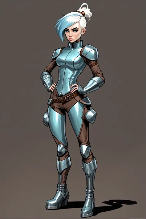 comics style, 1girl, woman, rough digital painting, (full body:1.25), 1girl, solo, [:outlandish costume design,:0.2] adventurer, shiny slate blue (steampunk crystal greaves,gauntlets,helmet,armor,shield:1), albino, bombshell aqua hair, pixie cut,Side Ponytail, (slim:1) build, simple background, rpg character concept art, bombshell hair, gray hair, Razor Cut, slim figure, narrow waist, tight ass, medium breasts, caucasian