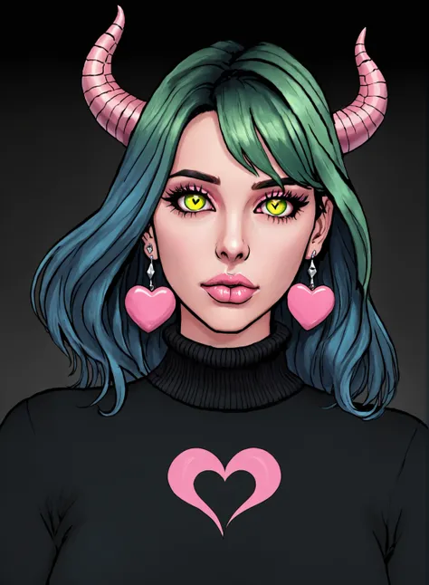 1girl, black background, black lips, black sweater, blue hair, dragon horns, earrings, eyelashes, eyeshadow, green hair, heart, heart earrings, horns, jewelry, large breasts, lipstick, long hair, long sleeves, looking at viewer, makeup, own hands together, pink hair, simple background, slit pupils, solo, sweater, swept bangs, turtleneck, upper body, yellow eyes, CANON EOS MARK IV, semi realistic, close up, 4 point perspective, vantage point, LUT like a movie