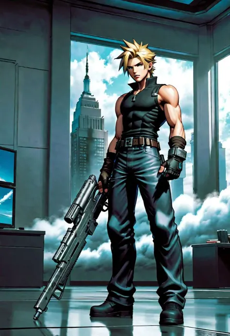 1boy, male focus,  Cloud Strife from Final Fantasy 7, FBI headquarters, indoors,