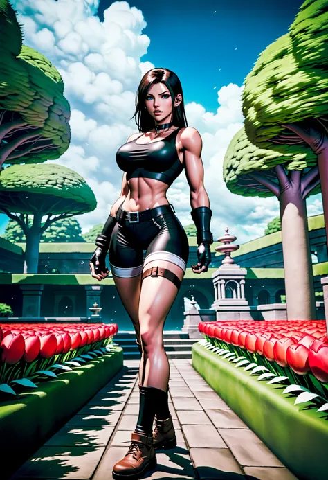 Tifa Lockheart from Final Fantasy 7, Balamb Gardens, outdoors, a spectacular fantasy garden setting in the middle of july