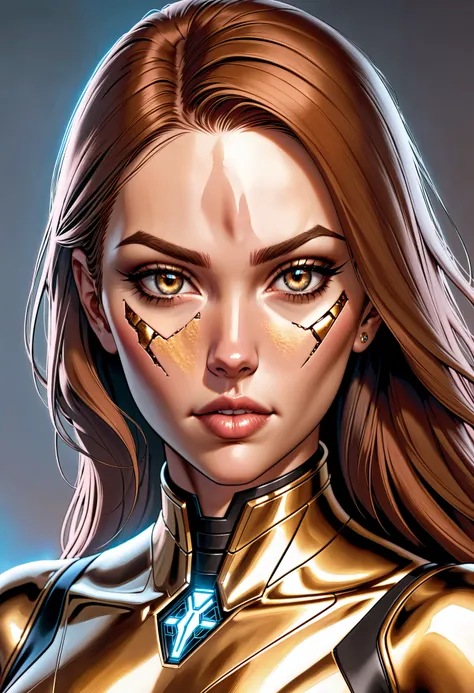 8k portrait of beautiful cyborg with brown hair, intricate, elegant, highly detailed, majestic, digital photography, art by artgerm and ruan jia and greg rutkowski surreal painting gold butterfly filigree, broken glass, (masterpiece, sidelighting, finely detailed beautiful eyes: 1.2), hdr, jim lee, adam hughes