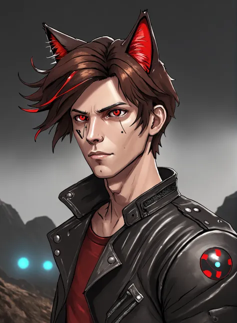 (masterpiece, best quality:1.2), (absurdres, highres, ultra-detailed), (perfect anatomy), best illustration, 1boy, solo, male focus, looking at viewer, upper body, two tone hair, black hair, brown hair, red eyes, colored sclera, cat ears, animal ears, leather jacket, other worldly, celestialpunk, science fiction, hard science fiction, 2k resolution, outdoors, post apocaylptic, internet theme, CANON EOS MARK IV, semi realistic,