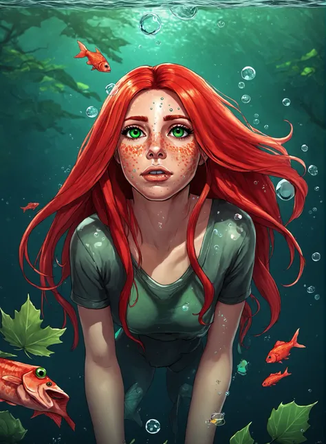 Duskfallcrew Art Style,  1girl,  solo,  long hair,  looking at viewer,  green eyes,  red hair,  parted lips,  water,  lips,  leaf,  looking up,  monster girl,  partially submerged,  freckles,  fish,  underwater,  air bubble,  masterpiece,  official art,