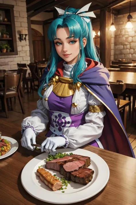 masterpiece, best quality, gsmia, hair ribbon, cape, long dress, purple trim, white gloves, indoors, tavern, sitting, plate of meat, looking at viewer, smile, table <lora:gsmia-nvwls-v1:1>