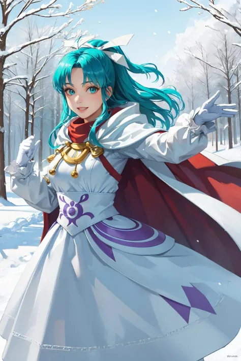 masterpiece, best quality, gsmia, hair ribbon, cape, white gloves, long dress, cowboy shot, dynamic pose, winter, looking at viewer, surprised, smile, snow, forest <lora:gsmia-nvwls-v1:0.9>