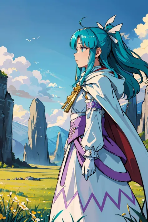 masterpiece, best quality, gsmia, hair ribbon, cape, long dress, purple trim, white gloves, from side, worried, field, sky, walking, rock formations <lora:gsmia-nvwls-v1:1>