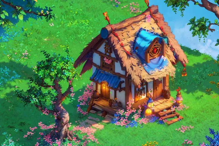 UHD, ccurate, super detail, high details, best quality, blue sky, A cottage,nuhuam,(building:1.2), (tree:1.2),(flower:1.2),( meadow:1.2) <lora:DreamF:0.8>