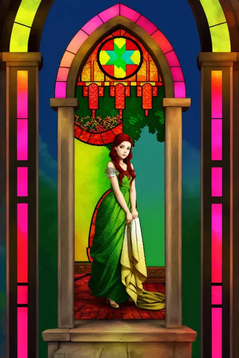 woman, dress,<lora:dream:1>,2d pixel style, church, stained glass