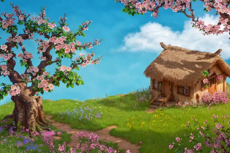 UHD, ccurate, super detail, high details, best quality, blue sky, A cottage,nuhuam,(building:1.2), (tree:1.2),(flower:1.2),( meadow:1.2) <lora:DreamF:0.8>