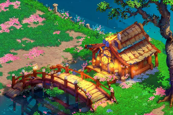 UHD, ccurate, super detail, high details, best quality, blue sky, A cottage,nuhuam,(building:1.2), (tree:1.2),(flower:1.2),( meadow:1.2),Wooden Bridges, bushes, pools, <lora:dreamFF:0.8>