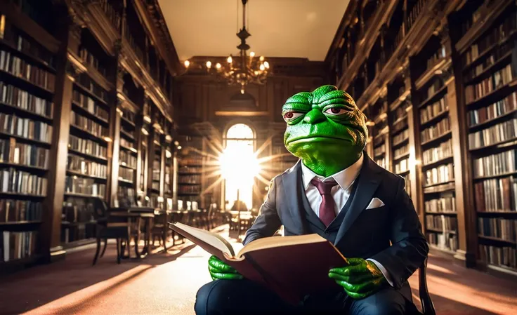 sad, pepe, wearing a suit, reading a book, fancy library, sun lighting, wide angle