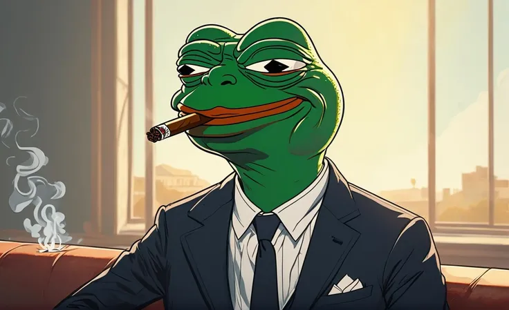 a photo of pepefrog dressed like a 1930s gangster in an expensive restaurant with a bottle of whiskey on the table
