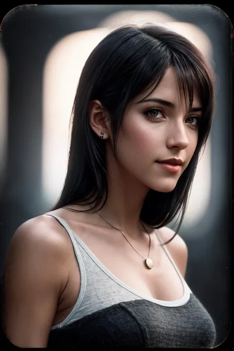 TifaL_SoloTI_v1,
in a tank top and short skirt,
(watercolor painting,Cartoons, comics, ink art),
<lora:add_detail:0.6>, a woman, perfect hair, posing, (vintage photo, tunic), (closeup portrait), necklace, 24mm, (tintype), (analog, cinematic, film grain:1.3), ((plaing Charcoal Gray background, gradient)), ((detailed eyes)), smiling, (epicPhoto)