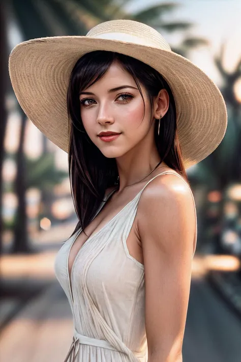 TifaL_SoloTI_v1,(happy,smile), (modern photo,Flowy sundress, straw hat:1.1), closeup portrait, 85mm, (analog, cinematic, film grain, hazy atmosphere:1.3), ((Palm tree-lined boulevard backdrop, vibrant and sunny, summer afternoon:1.2)), detailed eyes, (painted lips), (seductive), (cinematic shot:1.3), <lora:add_detail:0.6>, <lora:LowRa:0>