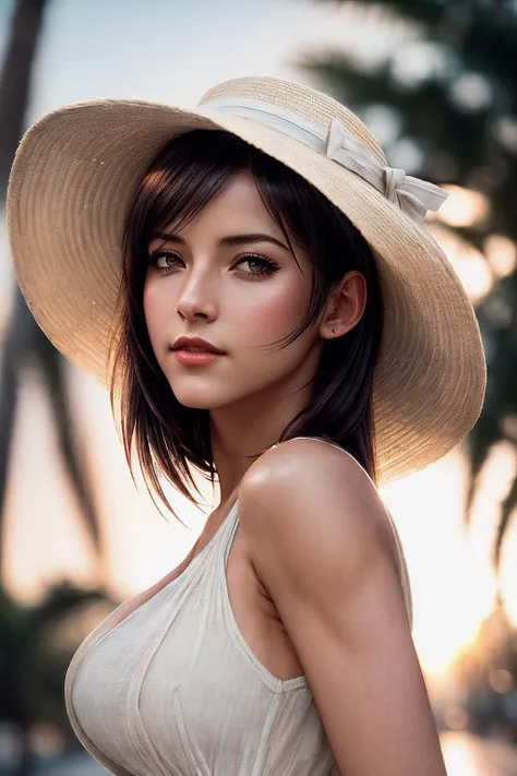 TifaL_SoloTI_v1, (modern photo,Flowy sundress, straw hat:1.1), closeup portrait, 85mm, (analog, cinematic, film grain, hazy atmosphere:1.3), ((Palm tree-lined boulevard backdrop, vibrant and sunny, summer afternoon:1.2)), detailed eyes, (painted lips), (seductive), (cinematic shot:1.3), <lora:add_detail:0.6>, <lora:LowRa:0>