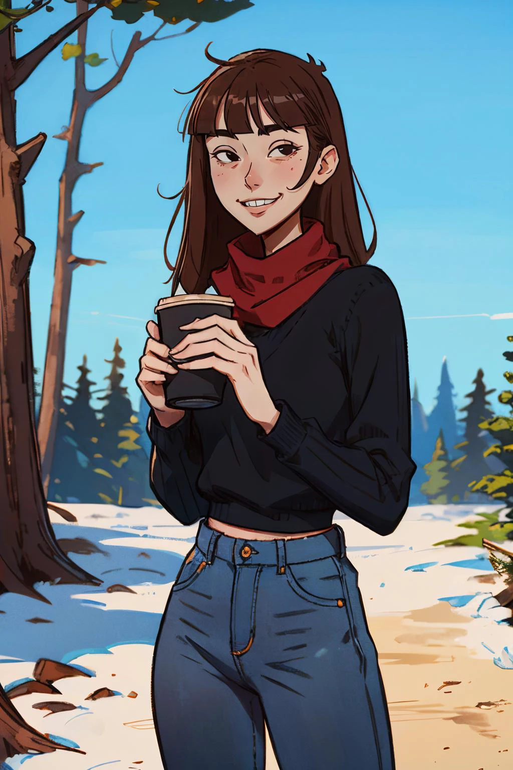 KaraH, long brown hair,, bangs,black eyes, buck teeth, black sweater, red scarf, blue jeans, looking at viewer, smiling, standing, outside, park, trees, blue sky, holding coffee cup, high quality, masterpiece, <lora:KaraH:.7>