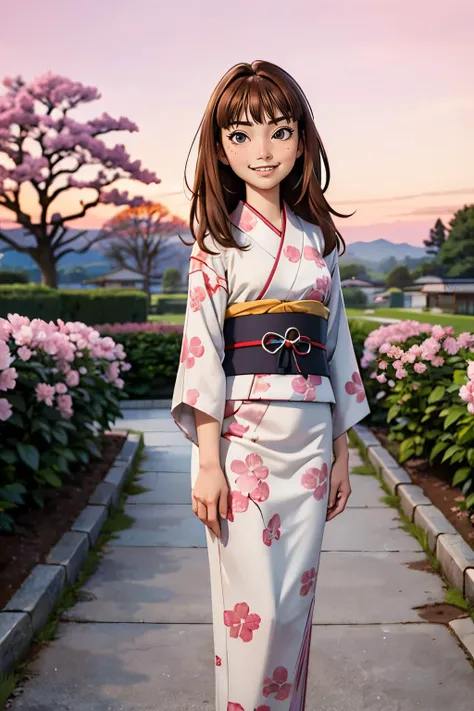 KaraH, long brown hair,, bangs,black eyes, buck teeth,traditional kimono, sash, wide sleeves, looking at viewer, serious, smiling, standing, outside, garden, cherry blossom, stone path, pink sky, high quality, masterpiece, <lora:KaraH:.6>