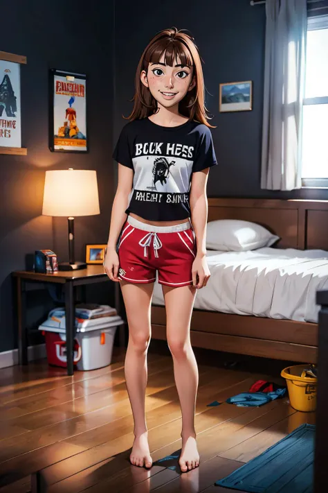 KaraH, long brown hair,, bangs,black eyes, buck teeth,shorts, red shorts, print shirt, black shirt, clothes writing, barefeet, looking at viewer, smiling, full body shot, standing, inside messy bedroom, trash, dark, lamp, high quality, masterpiece, <lora:KaraH:.7>