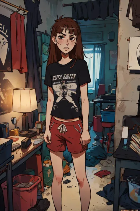 a cartoon of a woman standing in a messy room with a t - shirt on