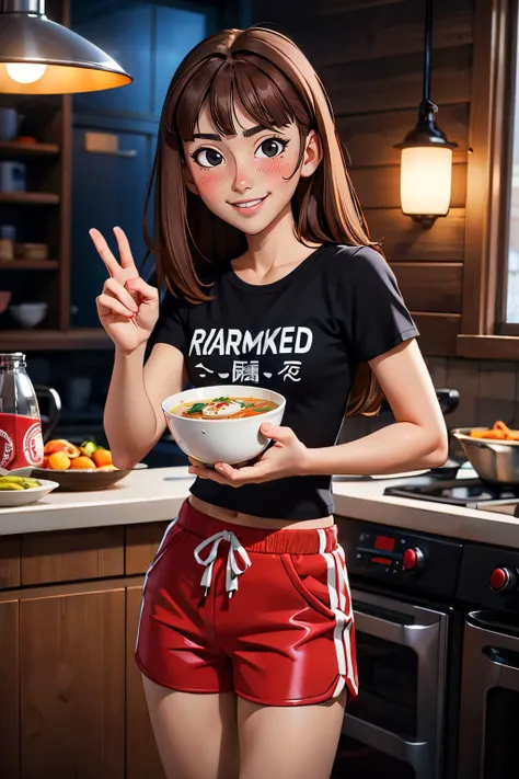 KaraH, long brown hair,, bangs,black eyes, buck teeth,shorts, red shorts, print shirt, black shirt, clothes writing, looking at viewer, smiling, happy, blush, medium shot, standing, inside cozy kitchen, holding bowl of soup, ramen, warm ambiance, high quality, masterpiece, <lora:KaraH:.6>