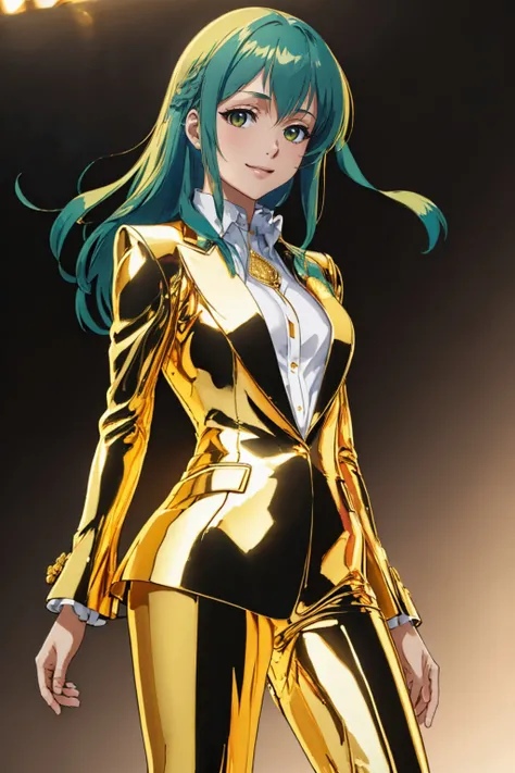(masterpiece, best quality:1.2), solo, 1girl, smile, looking at viewer, green hair, goldsuit <lora:attire_goldensuit:1.0>