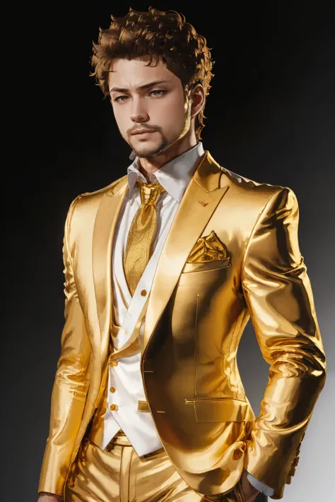 (masterpiece, best quality:1.2), solo, male focus, 1boy, facial hair, expressionless, looking at viewer, brown hair, goldsuit, yellow necktie <lora:attire_goldensuit:1.0>