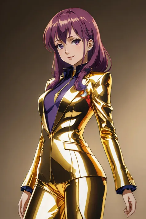 (masterpiece, best quality:1.2), solo, 1girl, smile, looking at viewer, purple hair, goldsuit <lora:attire_goldensuit:1.0>
