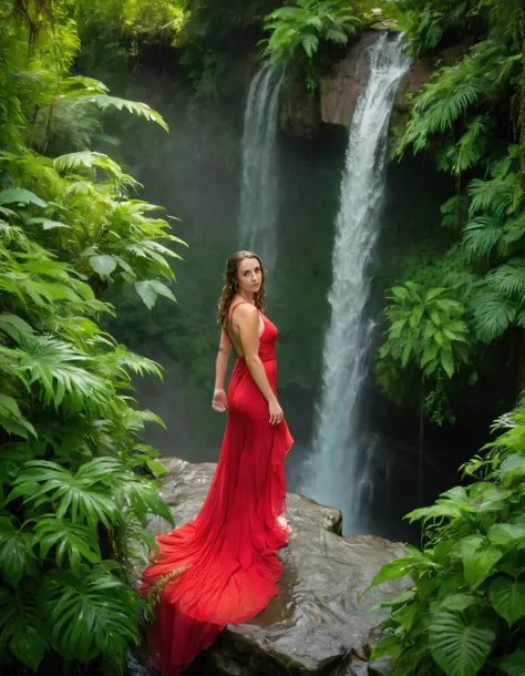 Capturing Kelsey, a beautiful confident woman dressed in a vibrant red gown, stands gracefully by an enchanting waterfall beneath a canopy of lush green foliage; the camera artfully angled from above to emphasize both her innate elegance and the wondrous harmony with nature as she becomes one with the cascading spray. <lora:imkswj18f659c9b18s2d7:1>