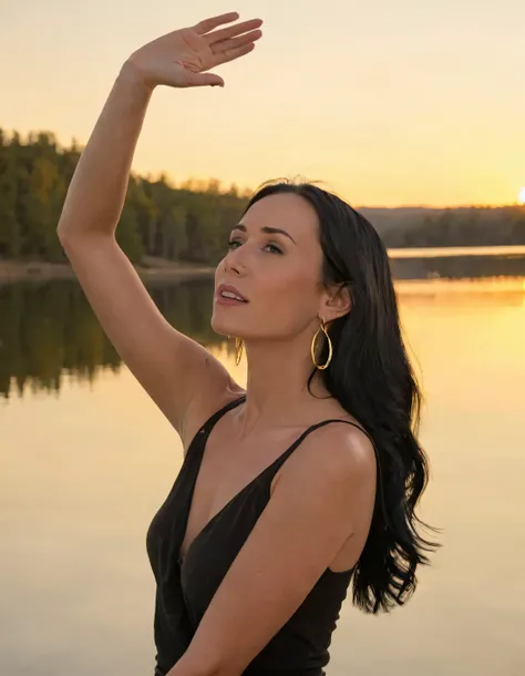 Capturing Kelsey, her black hair flowing, as one girl in solitude by a serene lake, she strikes a confident pose with her hands reaching towards the sky, accenting her style with subtle earrings, perfectly framed by the golden sunset. <lora:rztwtg18f658a8293n2aa:1>