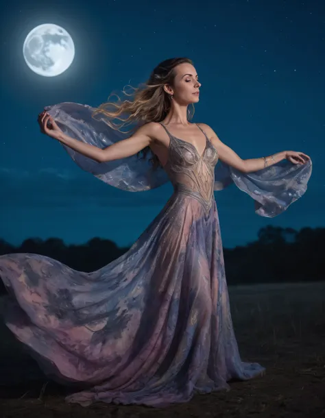 Capturing Kelsey within a surreal fantasy realm, she wears an ethereal gown with intricate patterns and shimmering hues, as her regal posture exudes poise and grace beneath a mesmerizing moonlit sky where mystical creatures dance in unison; the camera angle emphasizes her timeless beauty from a bewitching bird's eye view, revealing details that envelop the soul in this otherworldly moment. <lora:sjynih18f65668682j245:1>