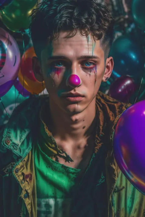 masterpiece, best quality, cine lens, realistic photo, low key,
1 young( man:1.3), short hair hair, rim light, male focus, dystopianX style torn oversized jacket, clown makeup eyes, bare (skin:1.3), (balloons:1.2),rust, dirty, debris,
<lora:difConsistency_photo:0.7:OUTALL> <lora:DystopiaX:0.5:CLOTHES> <lora:difConsistency_darktheme:0.8> <lora:difConsistency_detail:0.4>