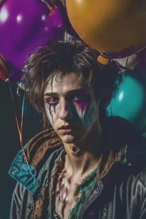 masterpiece, best quality, cine lens, realistic photo, low key,
1 young( man:1.3), side part hair hair, rim light, male focus, dystopianX style torn oversized jacket, clown makeup eyes, bare (skin:1.3), (balloons:1.2),rust, dirty, debris,
<lora:difConsistency_photo:0.7:OUTALL> <lora:DystopiaX:0.5:CLOTHES> <lora:difConsistency_darktheme:0.8> <lora:difConsistency_detail:0.4>