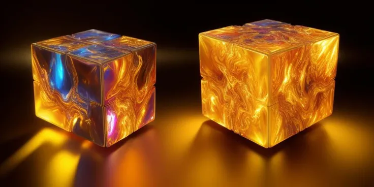 Golden Rubik's Enigma: A Rubik's cube with hologram framing, iconic in its complexity, hovers amidst a shimmering, molten pool of liquid gold. The gold ebbs and flows, each movement reflecting off the cube's geometric surfaces, adding an opulent warmth to the mesmerizing puzzle. Rendered with Cinema 4D's fluid simulation at an aperture of f/2.8, ISO 400, and a shutter speed of 1/60 sec, the captivating play of light, shadow, and liquid gold is breathtaking. The final image, polished using Gamma Correction and Tone Mapping, is an enticing blend of playful nostalgia and luxurious aesthetics. This composition is inspired by the distinctive styles of artists Alex Roman and Beeple.