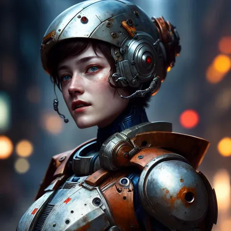  Portrait photo of sexy woman in a worn mech suit, ((light bokeh)), intricate, (steel metal [rust]), elegant, sharp focus, photo by greg rutkowski, soft lighting, vibrant colors, masterpiece, ((streets)), detailed face