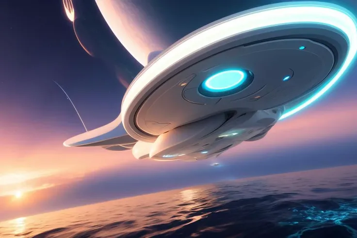 (Liquid Splash Fluid Art:1.2) Starship Genesis Revised: A pristine starship, a beacon of advanced technology, gracefully emerges from a serene, ethereal portal within an alien ocean. The hyper-futuristic vessel is characterized by minimalist design and smooth, flowing shapes that embody an aesthetic of simplicity and elegance. Its contours and surfaces, adorned with softly pulsating lights, mirror the tranquility of the surrounding ocean. Rendered in Cinema 4D, the scene captures the sublime, almost meditative moment of the starship's emergence, accentuated by the subtle reflections in the calm water. The final image, polished with Gamma Correction and Tone Mapping, presents a captivating interplay of minimalist design and hyper-futuristic surrealism, inspired by the clean, smooth aesthetics championed by artists like Alex Roman and Beeple.