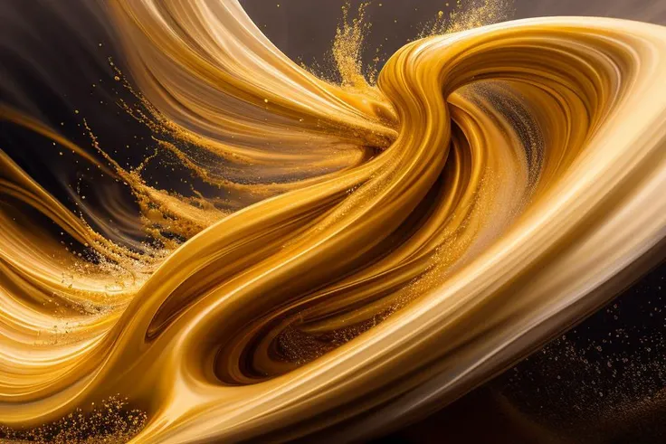 (Liquid Splash Fluid Art:1.2) Golden Vortex: A golden hypercar hurtles through a swirling vortex of silvery liquid. The liquid spirals and twists, echoing the car's aerodynamic contours and reacting to its thunderous velocity. The spectacle, rendered using Cinema 4D's fluid simulation at an aperture of f/2.8, ISO 400, and a shutter speed of 1/60 sec, captures the thrilling interplay of power and elegance. The final render, polished using Gamma Correction and Tone Mapping, is a visually compelling depiction of kinetic energy and fluid dynamism, inspired by the works of Alex Roman and Beeple.