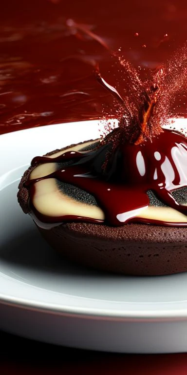 (Liquid Splash:1.2)::(Fluid Art:1.2) Volcanic Decadence: A chocolate lava cake sits delicately on a plate, its exterior flawless. Then, with an irresistible invitation, a silver spoon breaches the crust, releasing an explosive surge of molten chocolate that gushes like a rich, dark volcano. Rendered with Cinema 4D, the erupting spectacle is a mouthwatering sight, perfected with Gamma Correction and Tone Mapping, and inspired by the styles of Alex Roman and Beeple. |