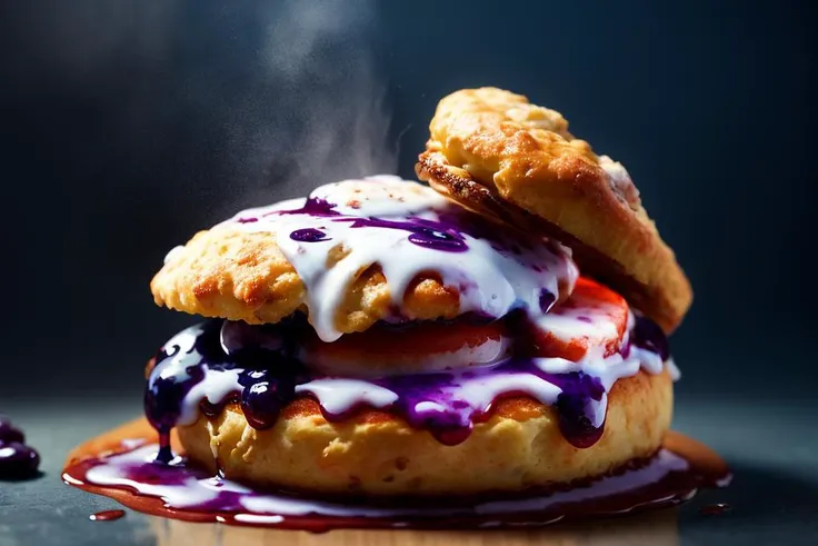 (FOOD_CRIT:1.4) // Photorealistic Trompe-l'œil masterpiece(illustration:1.1) of a anthropomorphic photogenic blueberry scone // dripping in juice,jelly //  film still by Greg Rutkowski // in the style of FoodPorn // (BEEPLE:0.333) //  Houdini3d // Octane Render // Unreal Engine 5 // foodporn (FLUIDART, LIQUID SPLASH, KNOLLINGCASE) 