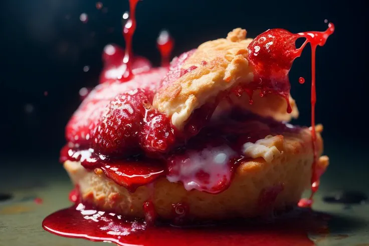 (FOOD_CRIT:1.4) // Photorealistic Trompe-l'œil masterpiece(illustration:1.1) of a anthropomorphic photogenic strawberry scone // dripping in juice,jelly // film still by Greg Rutkowski // in the style of FoodPorn // (BEEPLE:0.333) // Houdini3d // Octane Render // Unreal Engine 5 // foodporn (FLUIDART, LIQUID SPLASH, KNOLLINGCASE) //